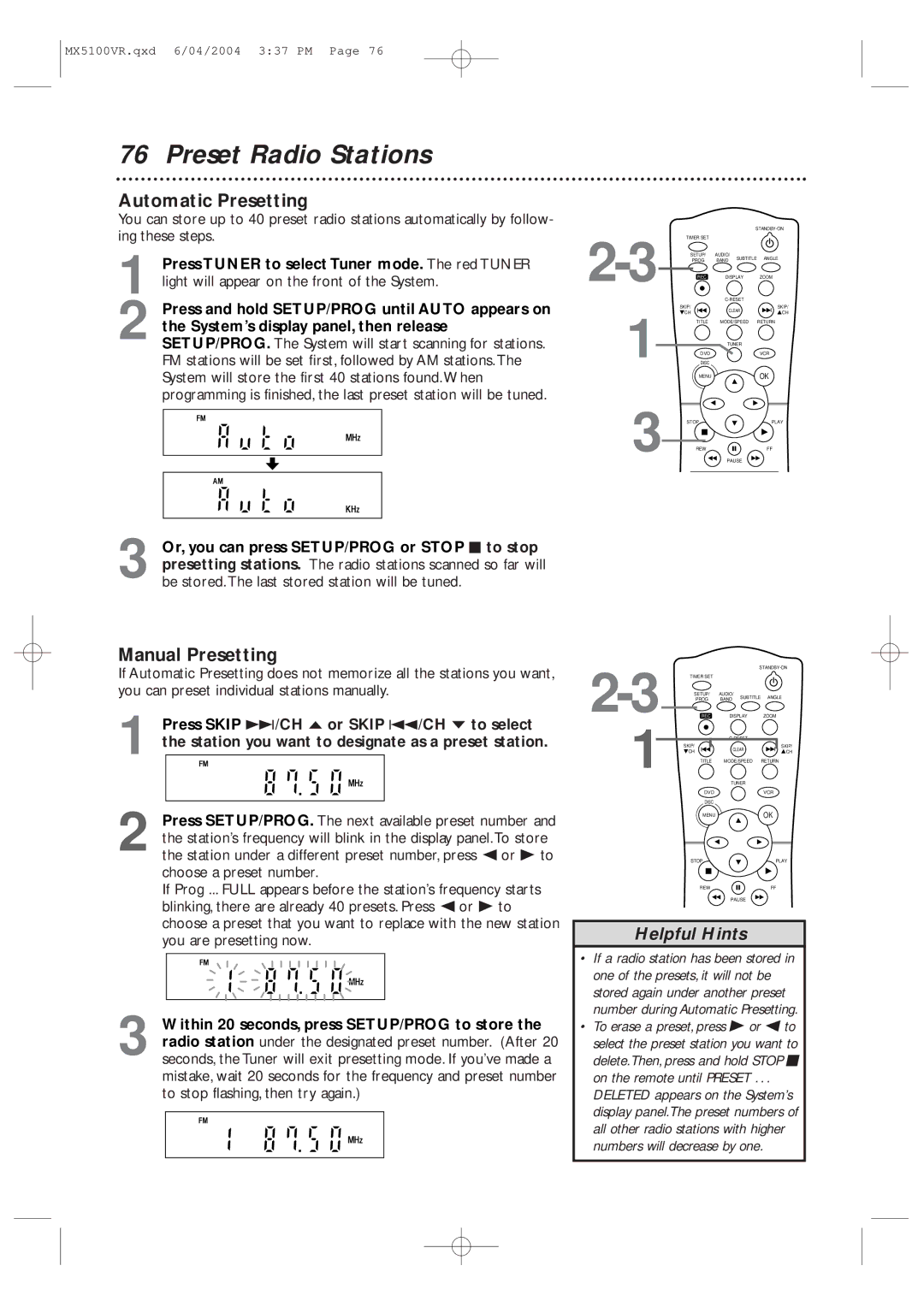 Philips MX5100VR/37B owner manual Preset Radio Stations, Automatic Presetting, Manual Presetting 