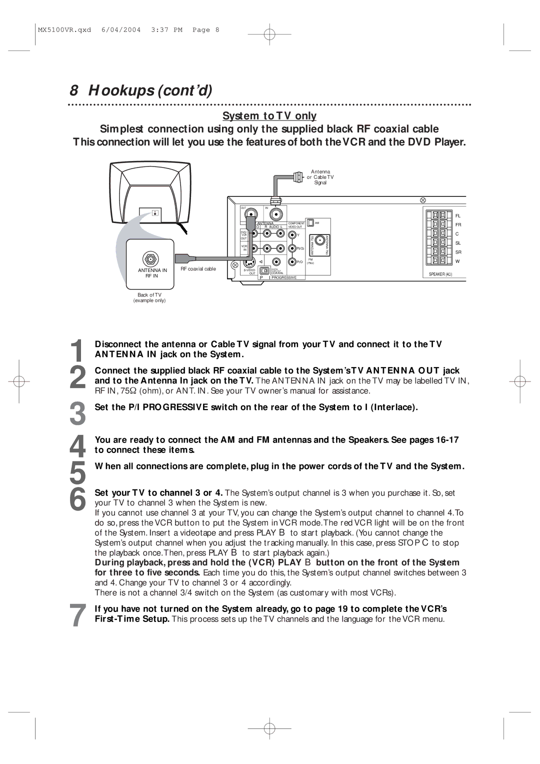 Philips MX5100VR/37B owner manual Hookups cont’d, Back of TV example only RF coaxial cable 