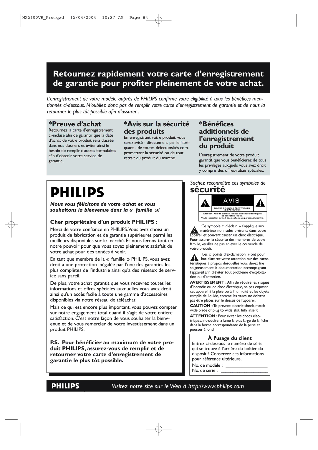 Philips MX5100VR/37B owner manual Preuve d’achat, ’usage du client 