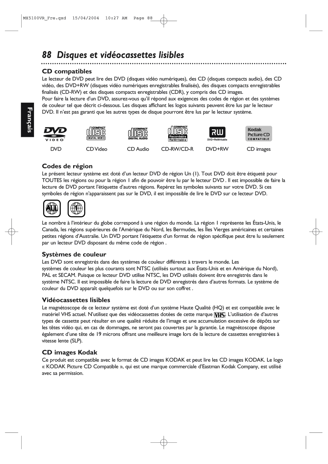 Philips MX5100VR/37B owner manual Disques et vidéocassettes lisibles 