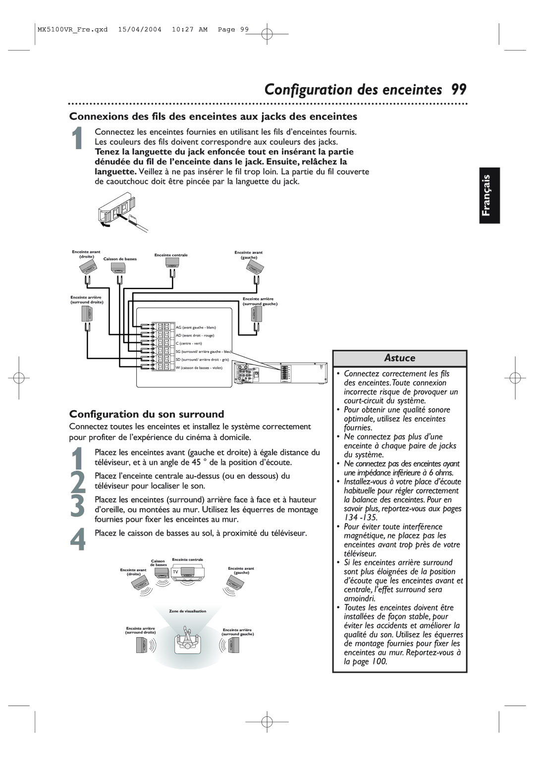 Philips MX5100VR/37B owner manual Configuration des enceintes, Connexions des fils des enceintes aux jacks des enceintes 