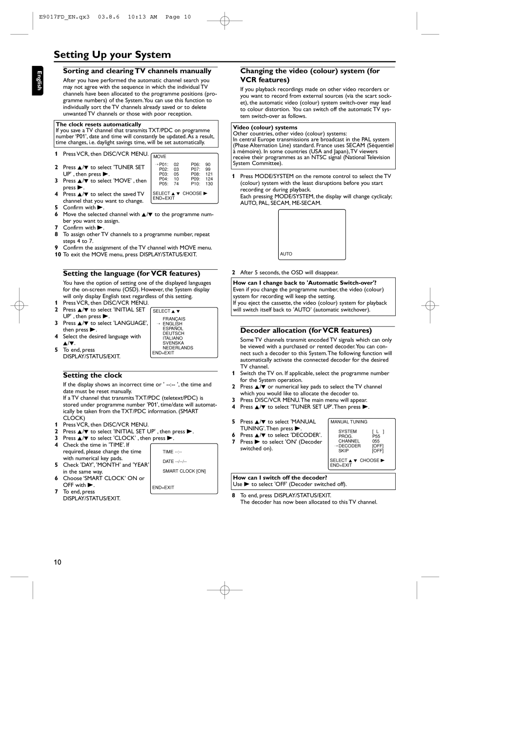 Philips MX5100VR/02 Sorting and clearing TV channels manually, Setting the language for VCR features, Setting the clock 