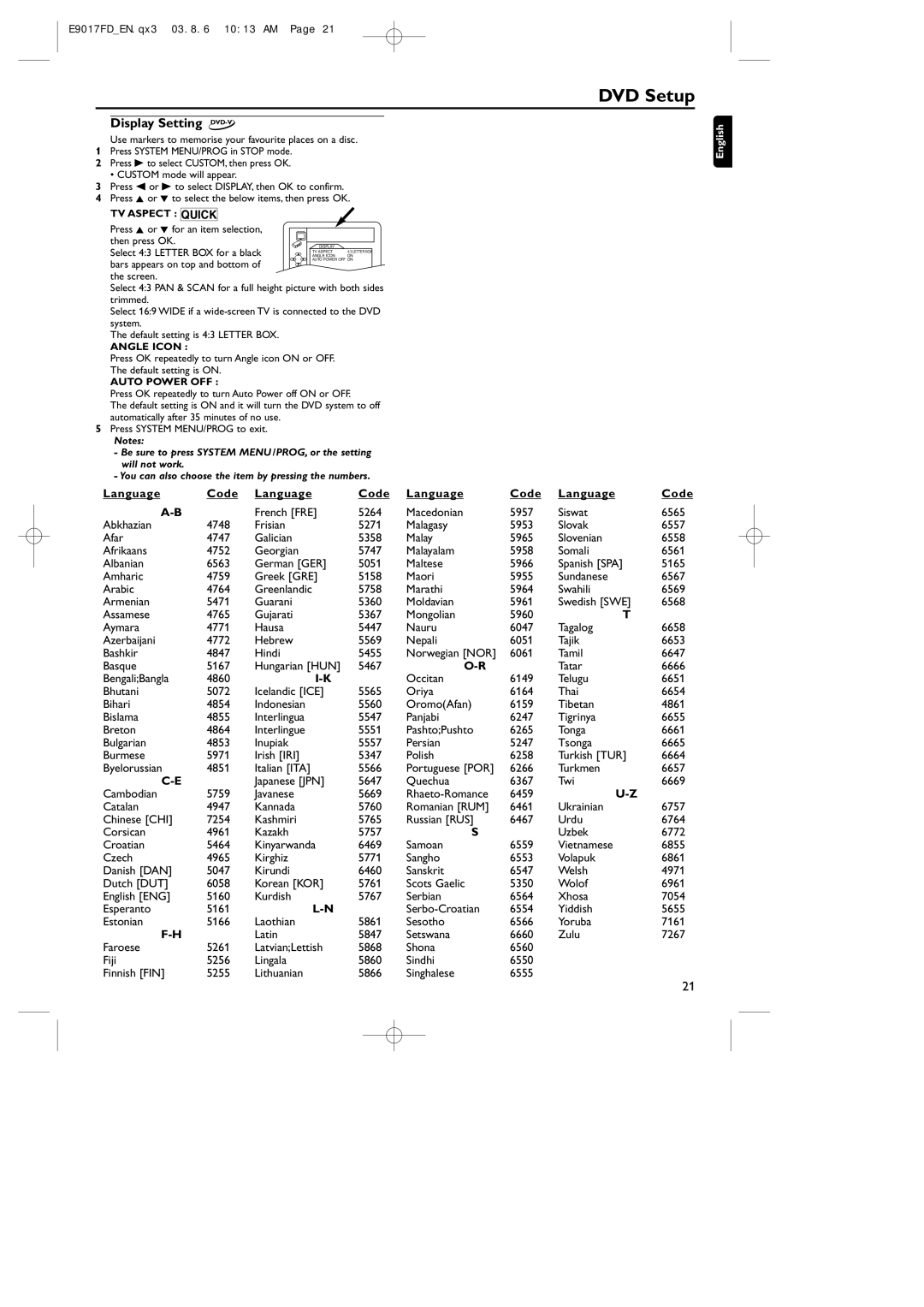 Philips MX5100VR/02 Display Setting DVD-V, TV Aspect Quick Press K or L for an item selection, Angle Icon, Auto Power OFF 