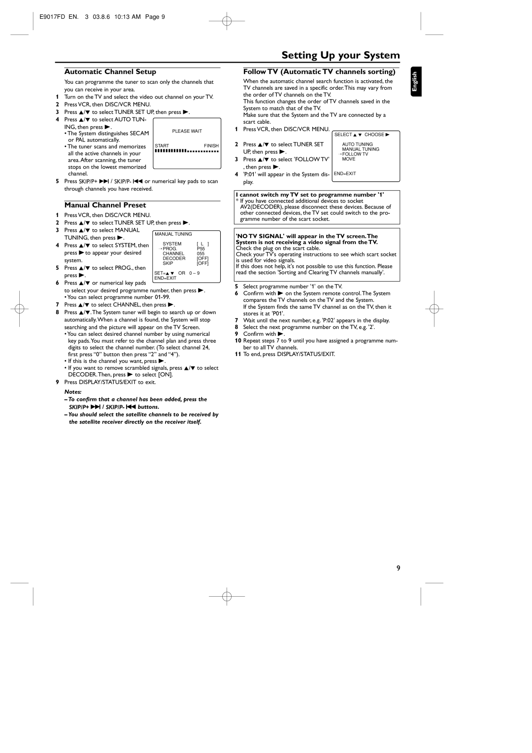 Philips MX5100VR/02 manual Automatic Channel Setup, Manual Channel Preset, Follow TV Automatic TV channels sorting 