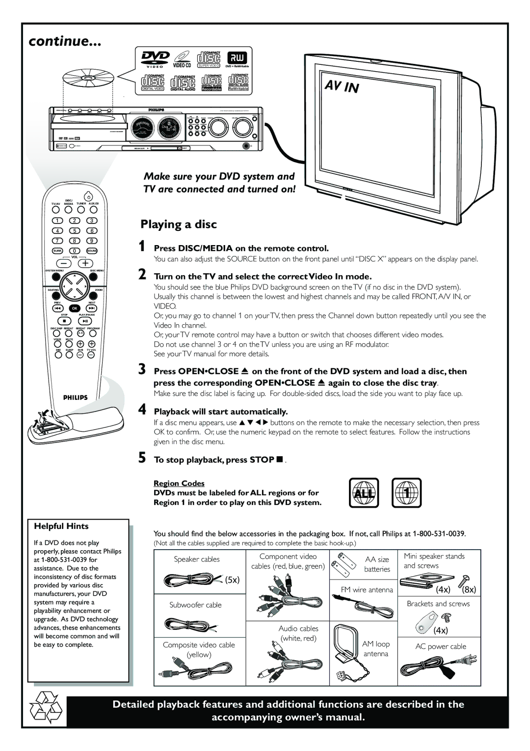 Philips MX5500D owner manual Continue, Playing a disc 