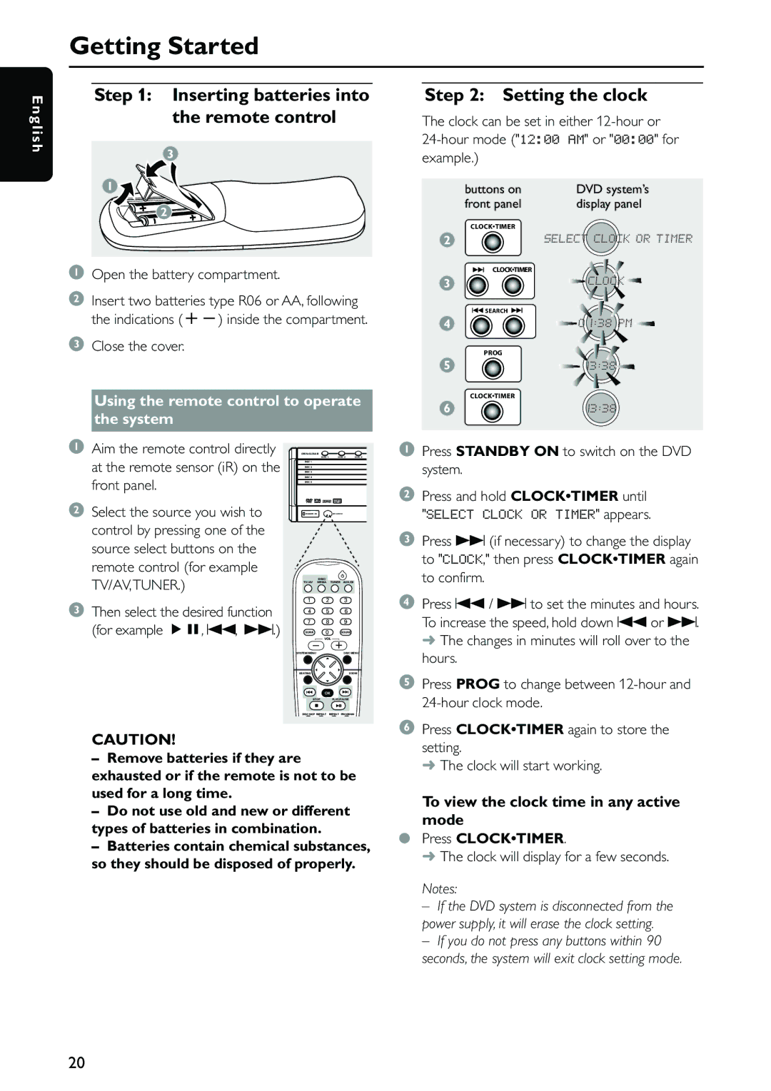 Philips MX5500D owner manual Getting Started, Inserting batteries into the remote control, Setting the clock 