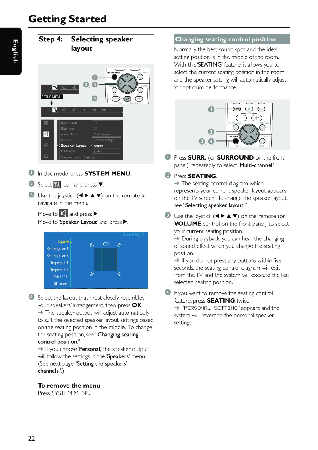 Philips MX5500D owner manual Selecting speaker layout, Channels, Changing seating control position, Press Seating 