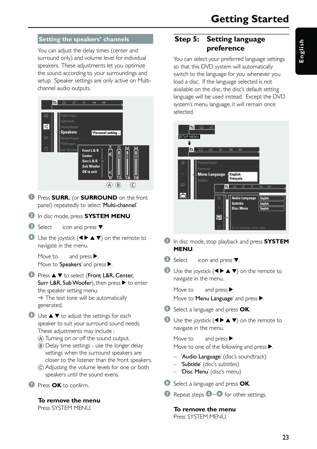 Philips MX5500D Setting language preference, Setting the speakers’ channels, Turning on or off the sound output 