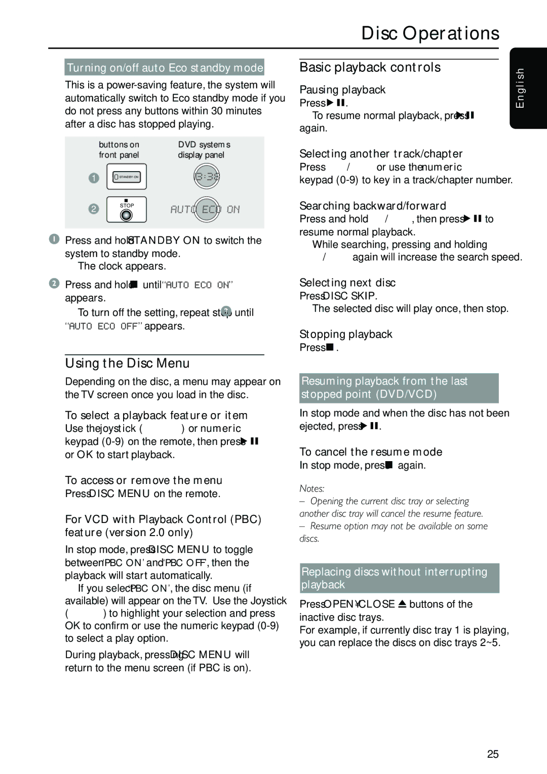 Philips MX5500D owner manual Using the Disc Menu, Basic playback controls, Turning on/off auto Eco standby mode 