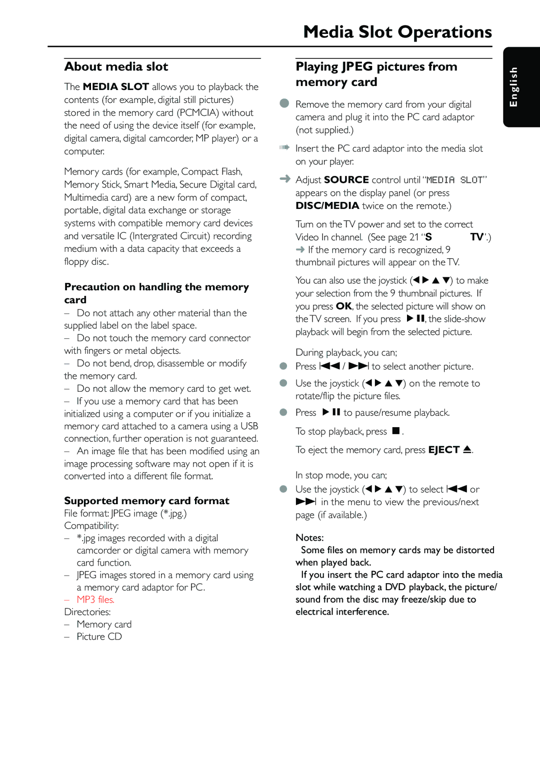 Philips MX5500D owner manual Media Slot Operations, About media slot, Playing Jpeg pictures from memory card 