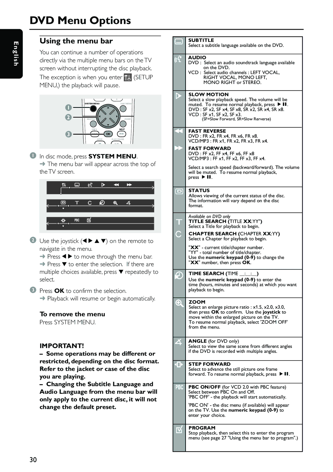 Philips MX5500D owner manual DVD Menu Options, Using the menu bar 