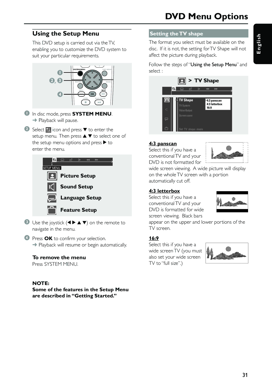 Philips MX5500D owner manual Using the Setup Menu, Setting the TV shape 