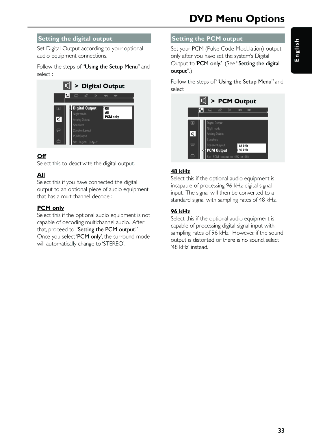 Philips MX5500D owner manual Setting the digital output Setting the PCM output 