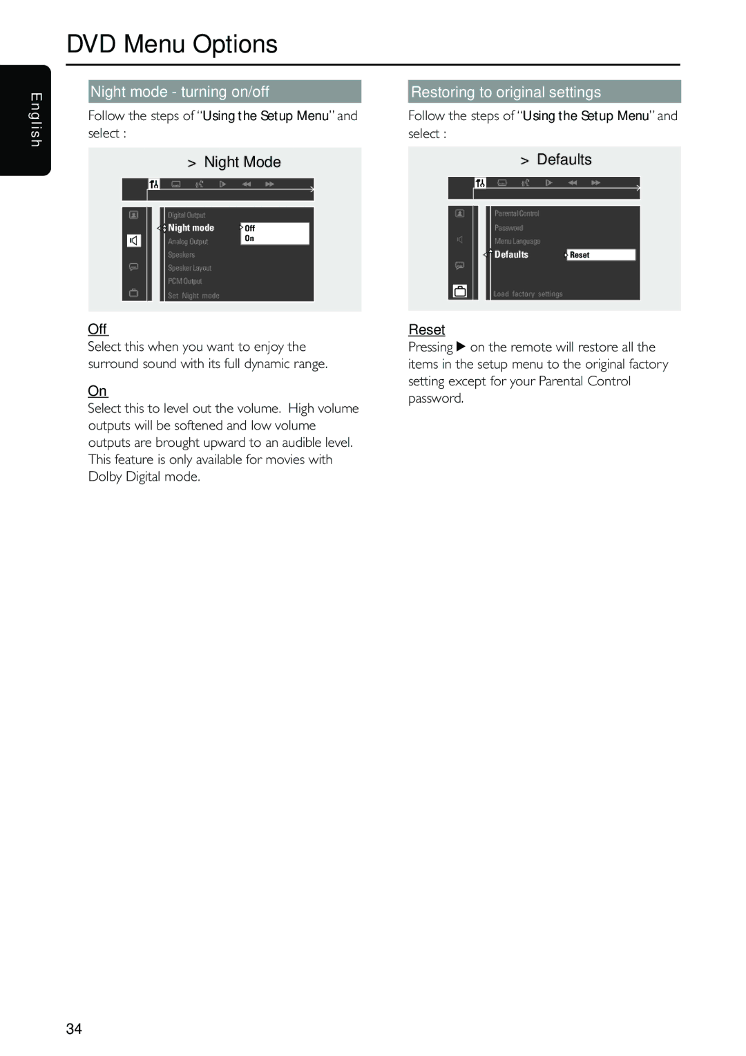 Philips MX5500D owner manual Night mode turning on/off Restoring to original settings, Night Mode Defaults, Reset 