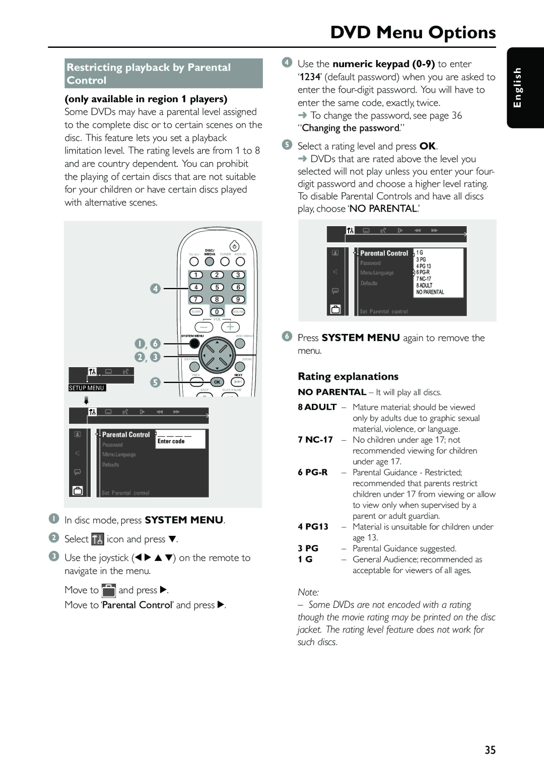 Philips MX5500D Restricting playback by Parental Control, Only available in region 1 players, Rating explanations 