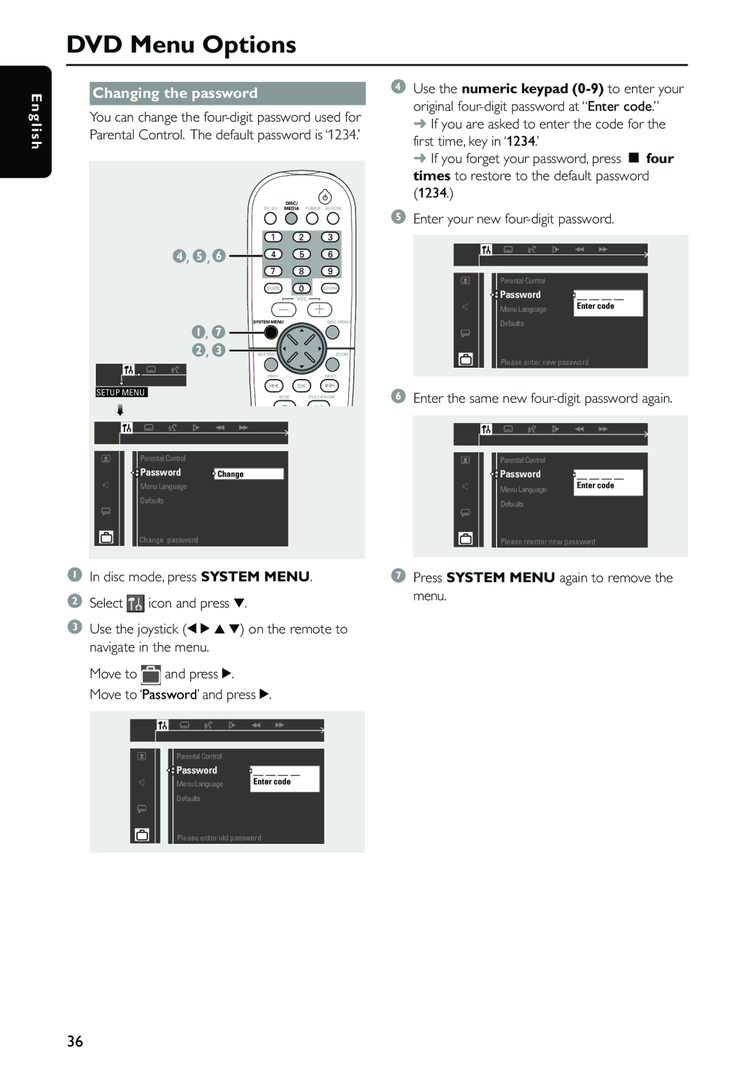 Philips MX5500D owner manual G l i s h Changing the password, Enter the same new four-digit password again 