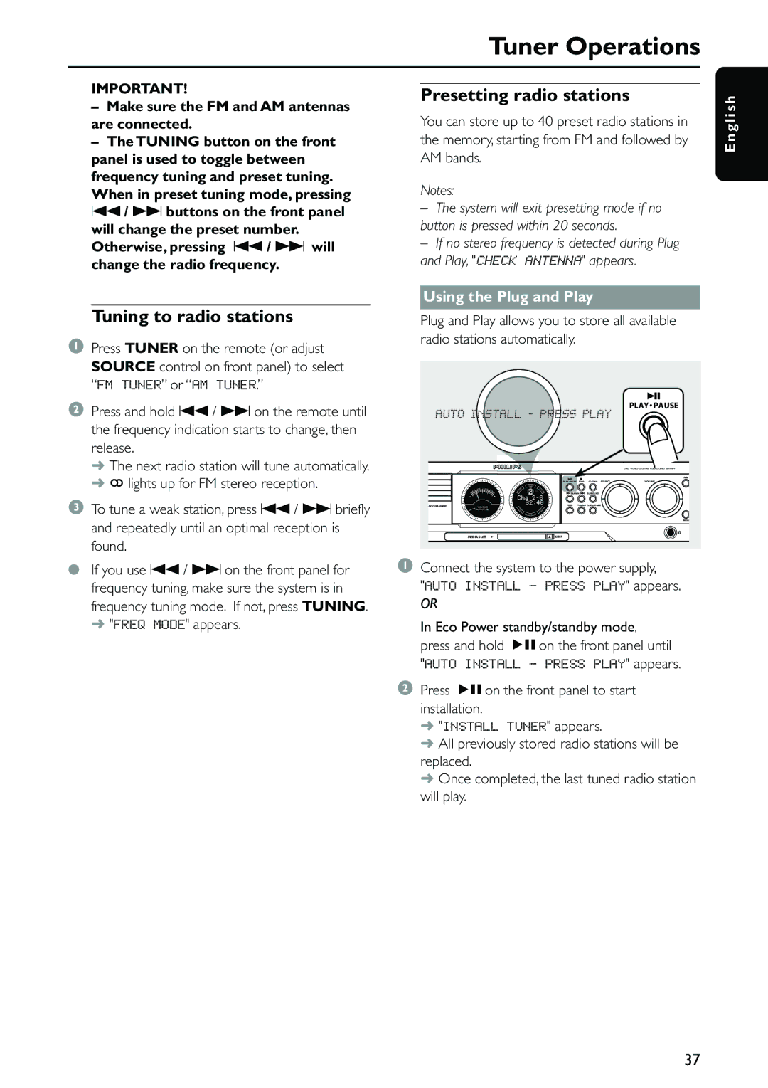 Philips MX5500D owner manual Tuner Operations, Presetting radio stations, Tuning to radio stations, Using the Plug and Play 