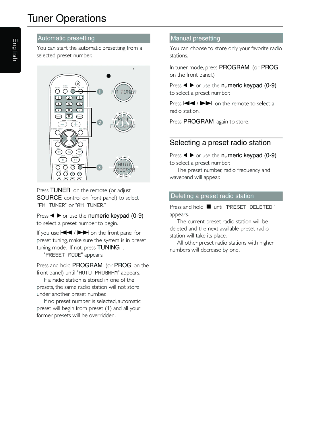 Philips MX5500D Selecting a preset radio station, Automatic presetting, Manual presetting, To select a preset number 