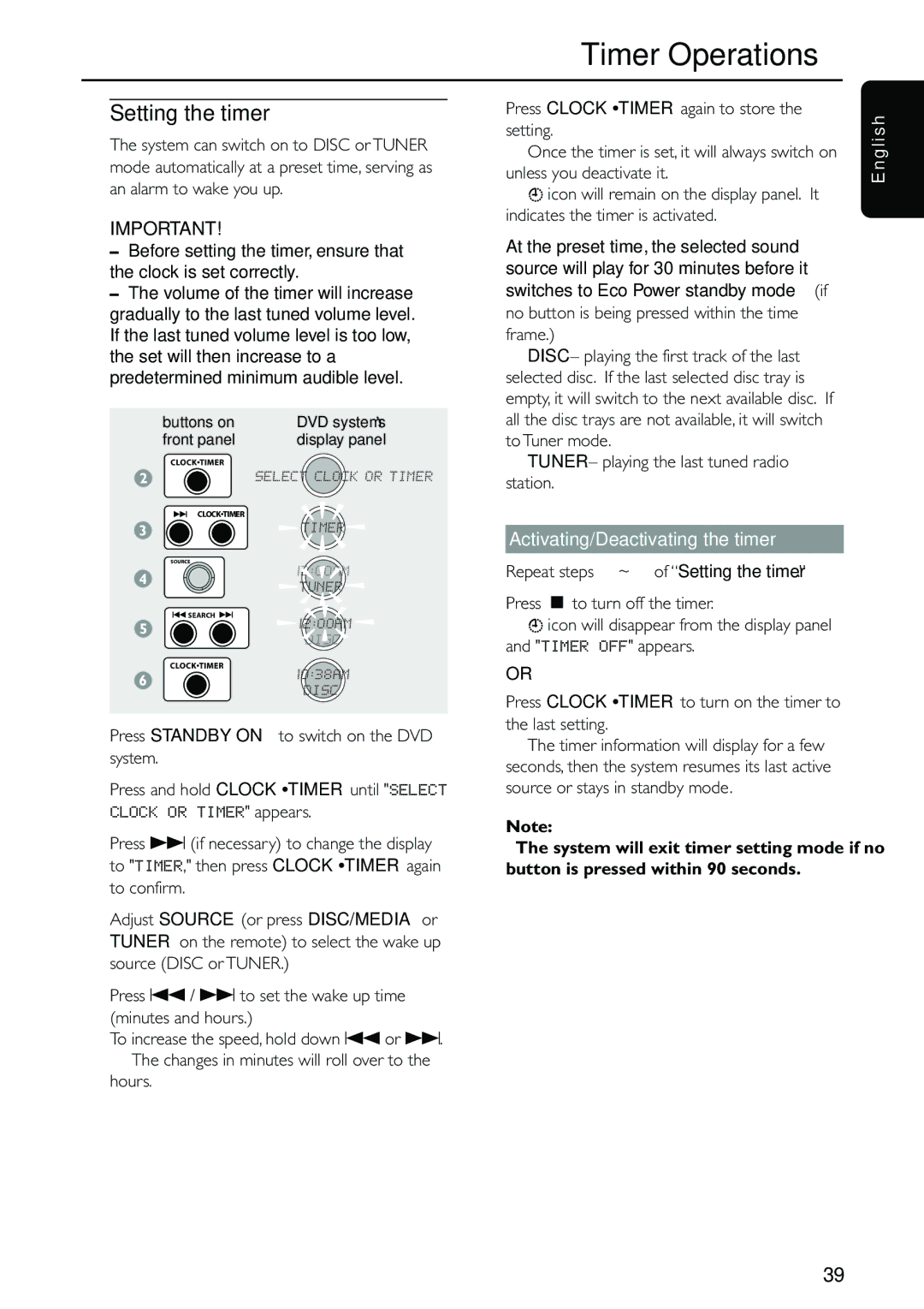 Philips MX5500D owner manual Timer Operations, Setting the timer, Activating/Deactivating the timer 