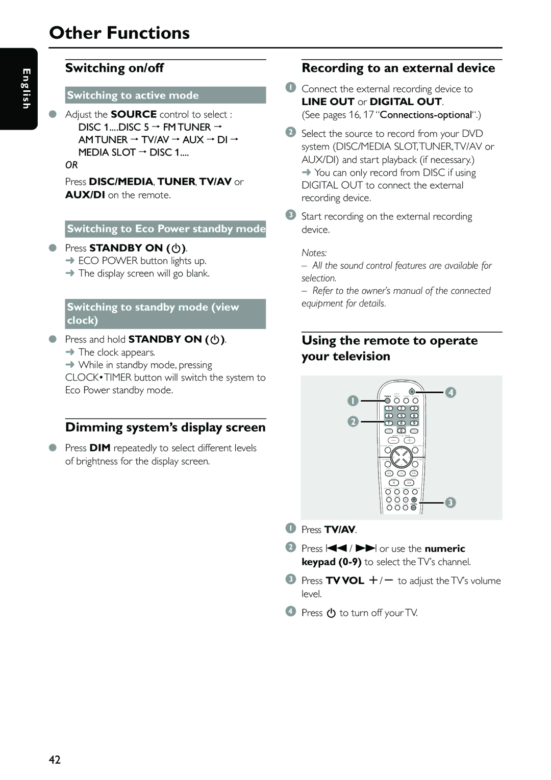 Philips MX5500D Other Functions, Switching on/off, Dimming system’s display screen, Recording to an external device 