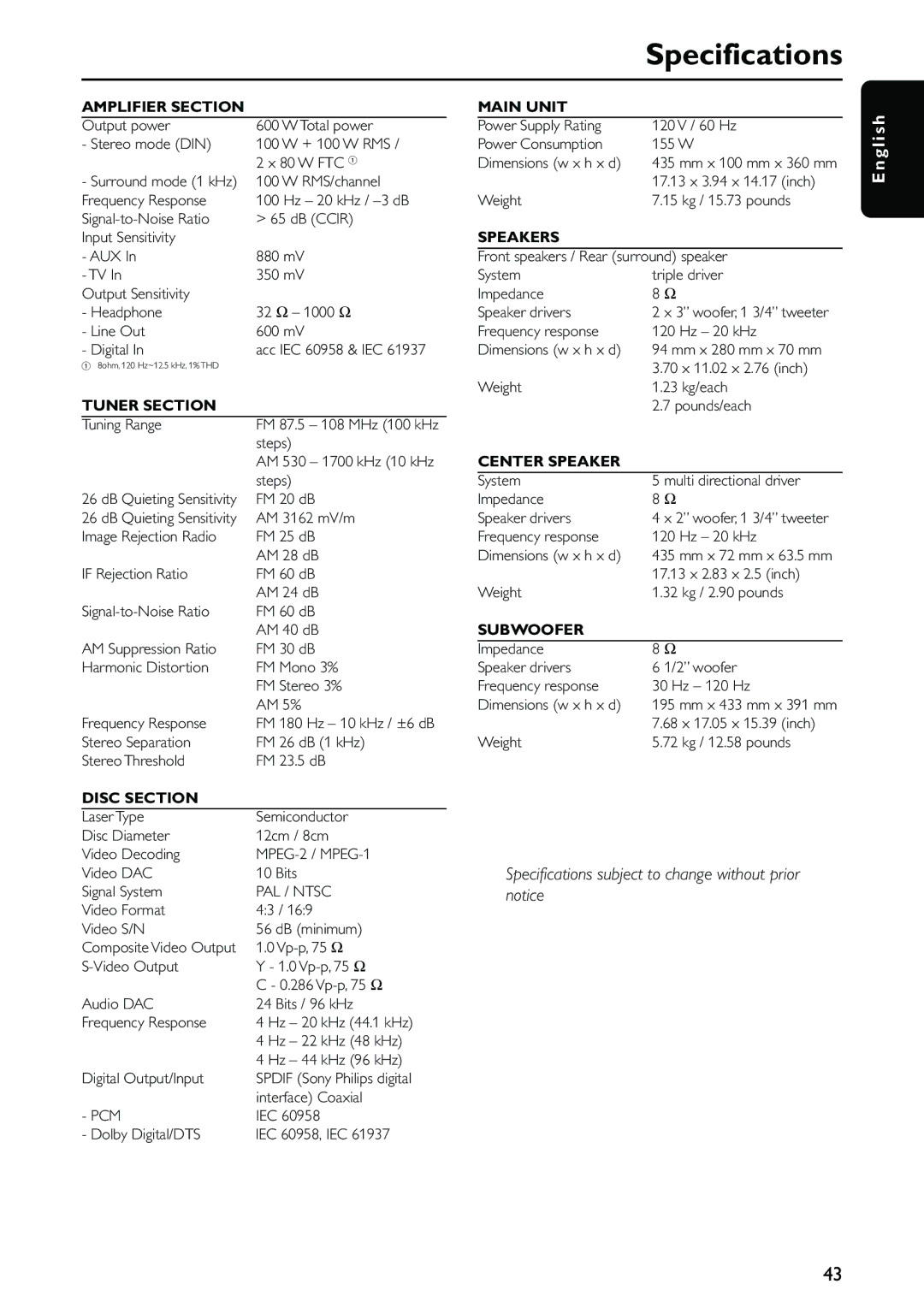 Philips MX5500D owner manual Specifications, Amplifier Section 