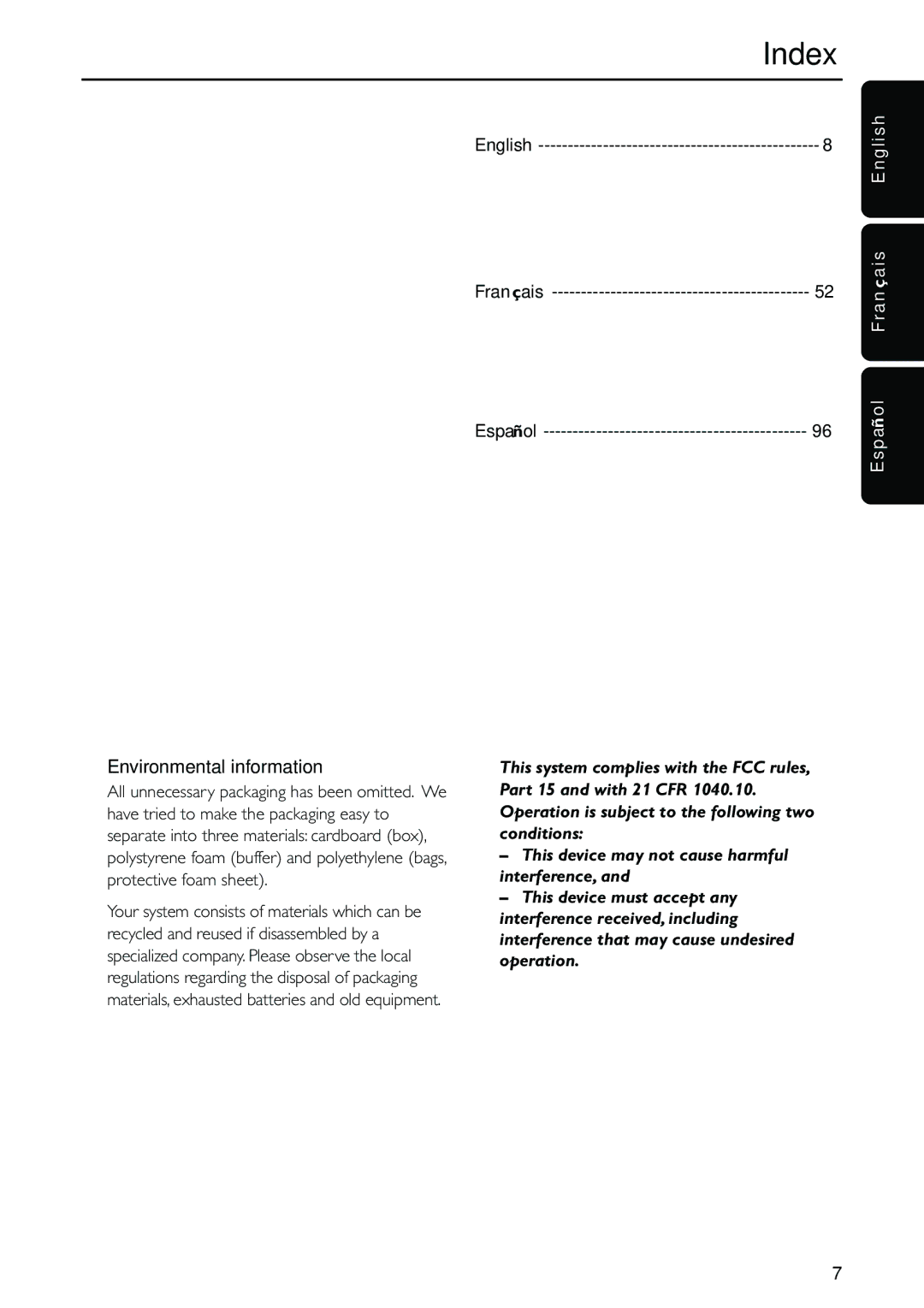 Philips MX5500D owner manual Index, Environmental information, P a ño l Fr a n ça i s E n g l i s h 