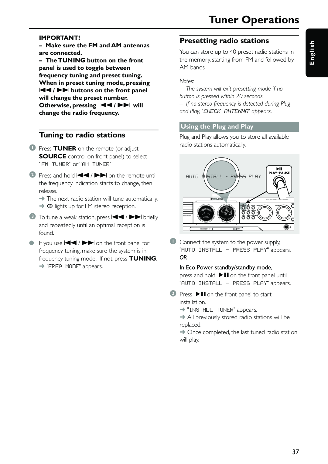 Philips MX5500D owner manual Tuner Operations, Presetting radio stations, Tuning to radio stations, E n g l i s h 