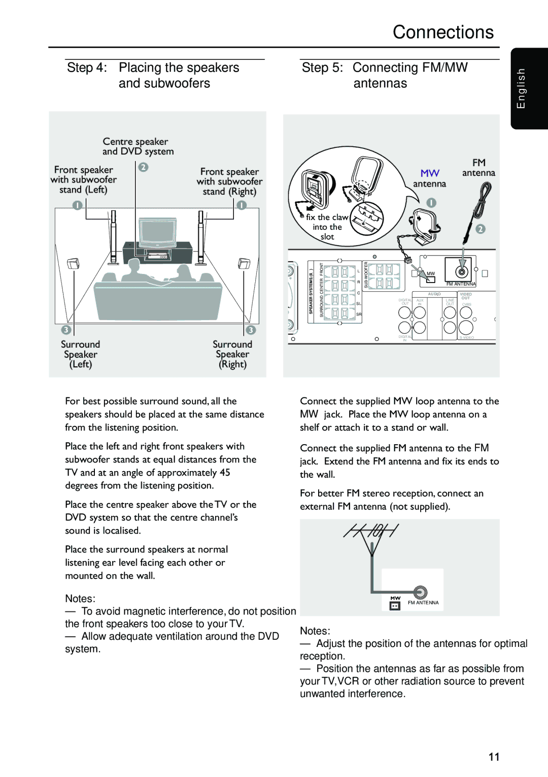 Philips MX5700D manual Placing the speakers Connecting FM/MW Subwoofers Antennas, G l i s h, Front speaker 