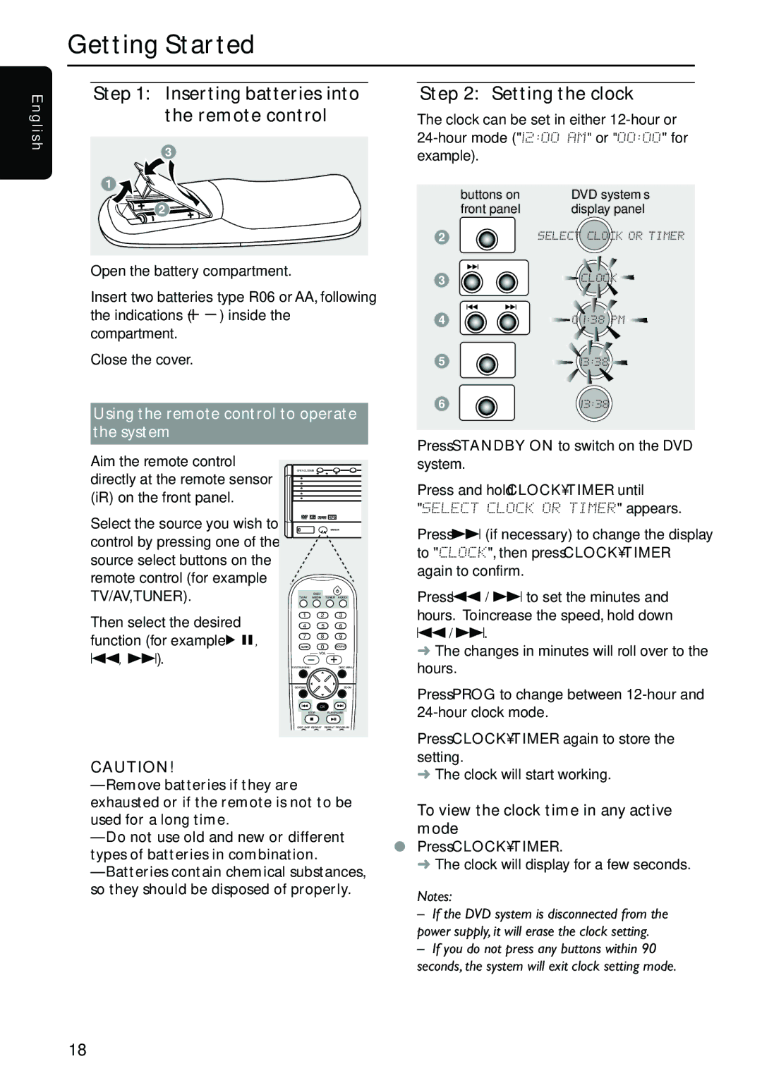 Philips MX5700D manual Getting Started, Inserting batteries into the remote control, Setting the clock 