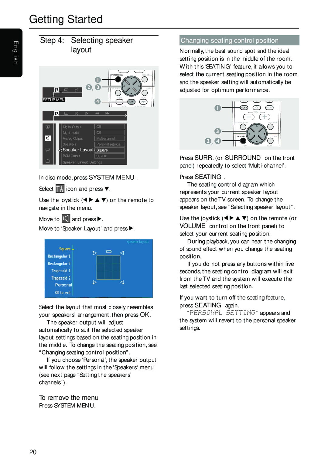 Philips MX5700D manual Lish, Disc mode, press System Menu Select, Changing seating control position 