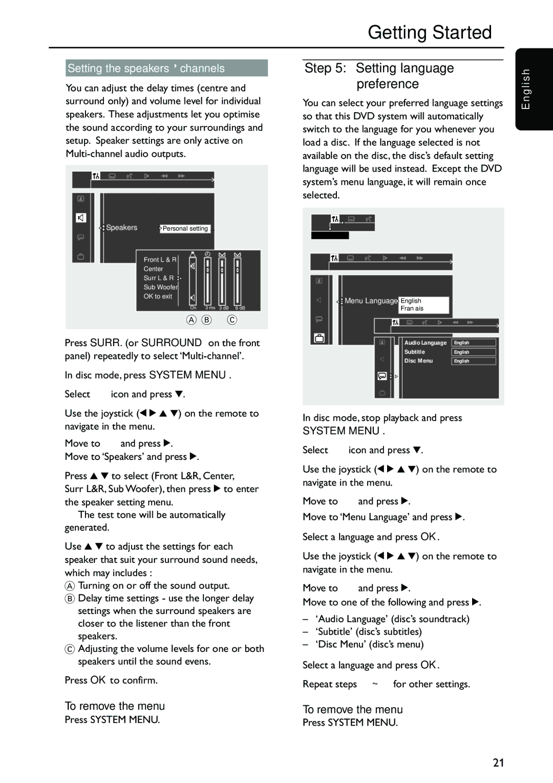 Philips MX5700D manual Setting language preference, Setting the speakers’ channels 