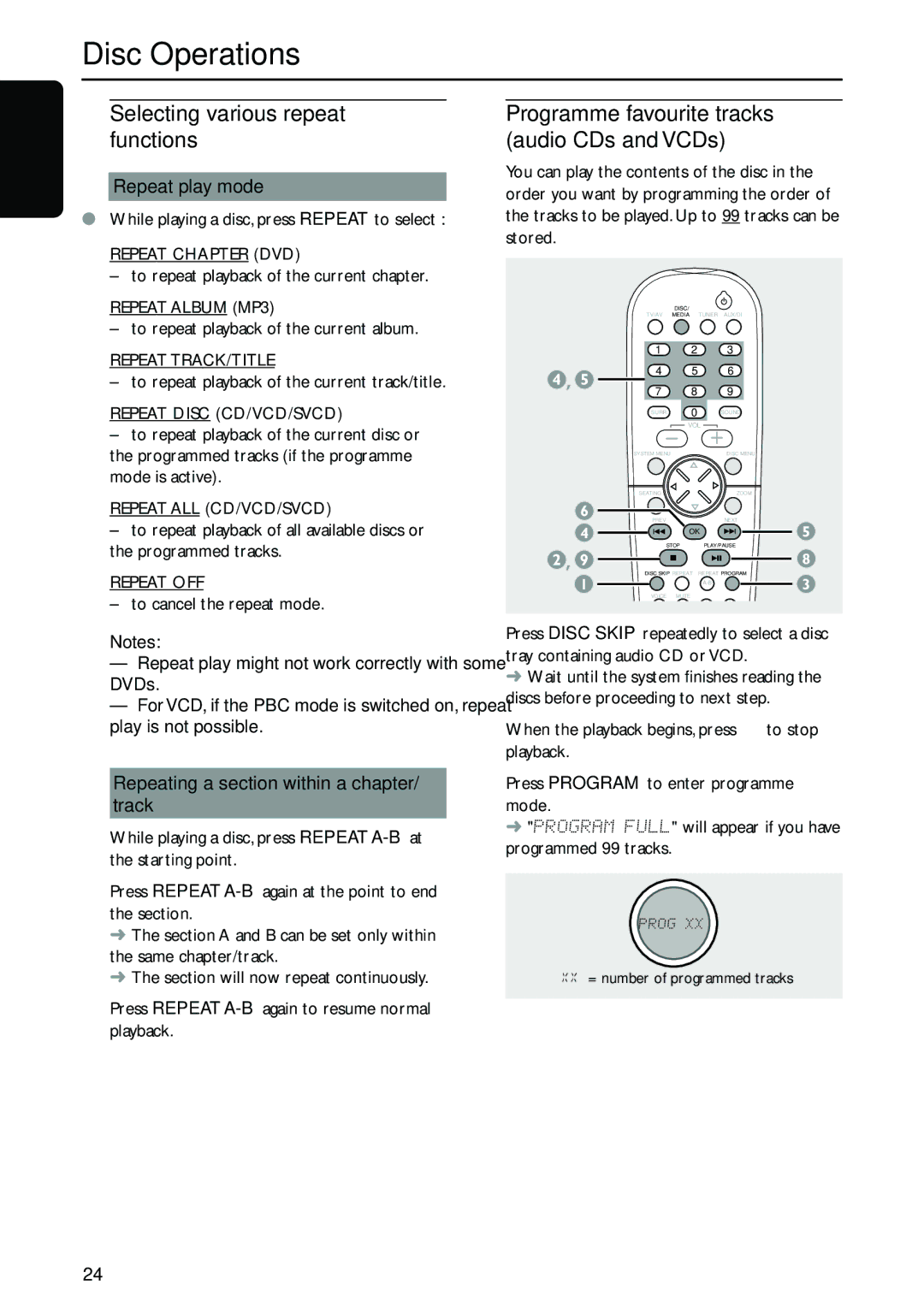 Philips MX5700D manual Selecting various repeat functions, Programme favourite tracks audio CDs and VCDs, Repeat play mode 