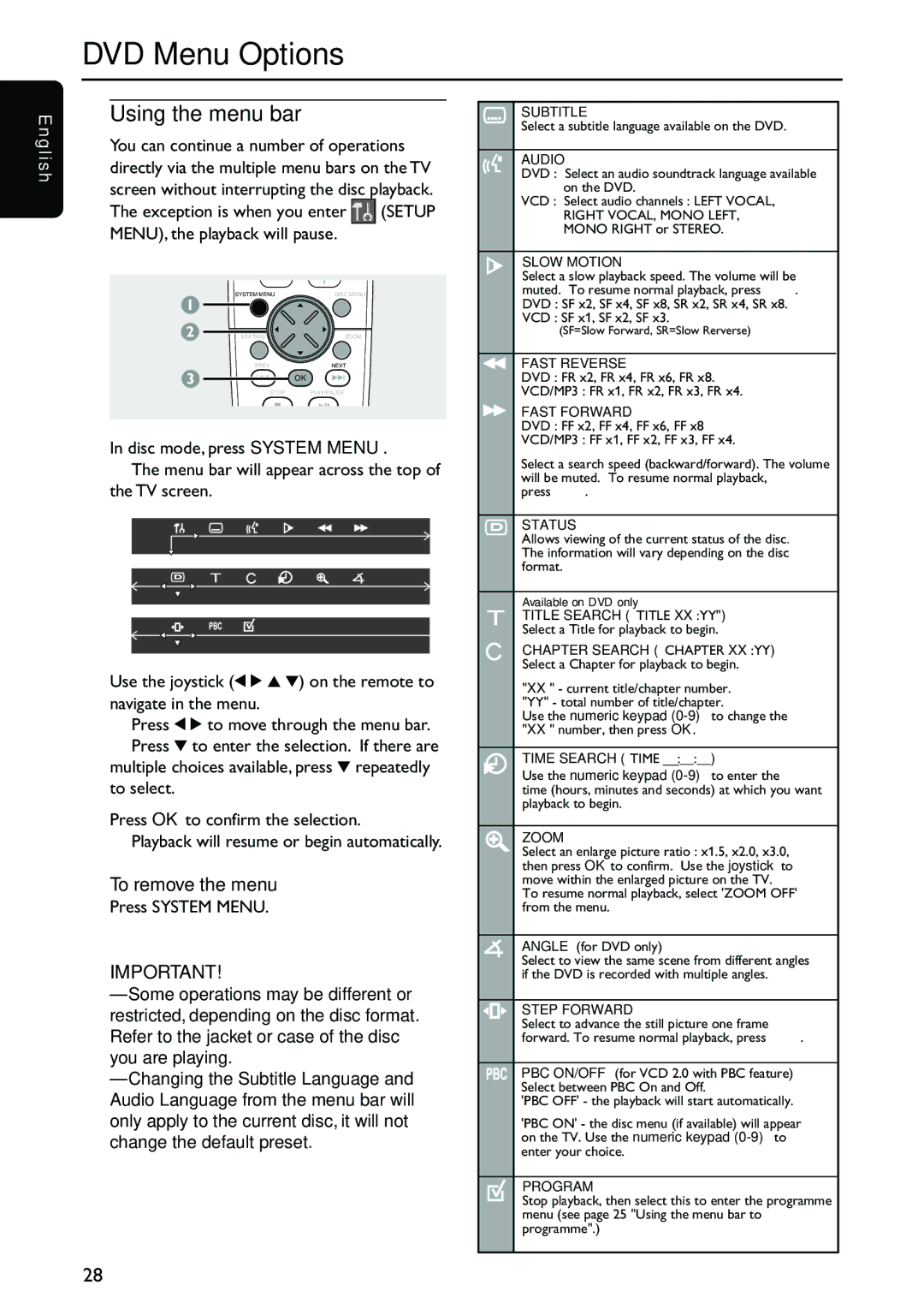 Philips MX5700D manual DVD Menu Options, Using the menu bar 