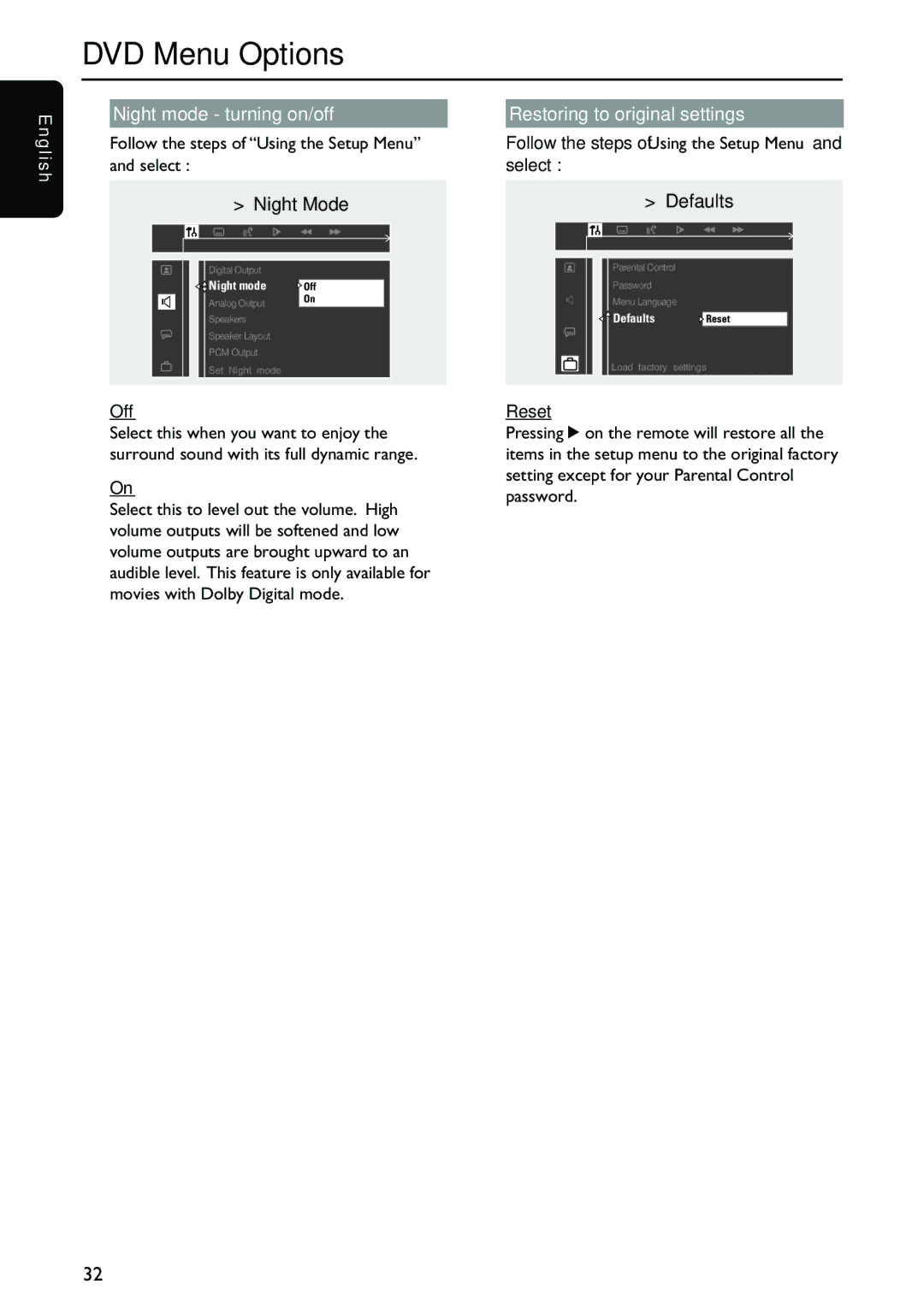 Philips MX5700D manual Night mode turning on/off Restoring to original settings, Select Night Mode Defaults, Reset 