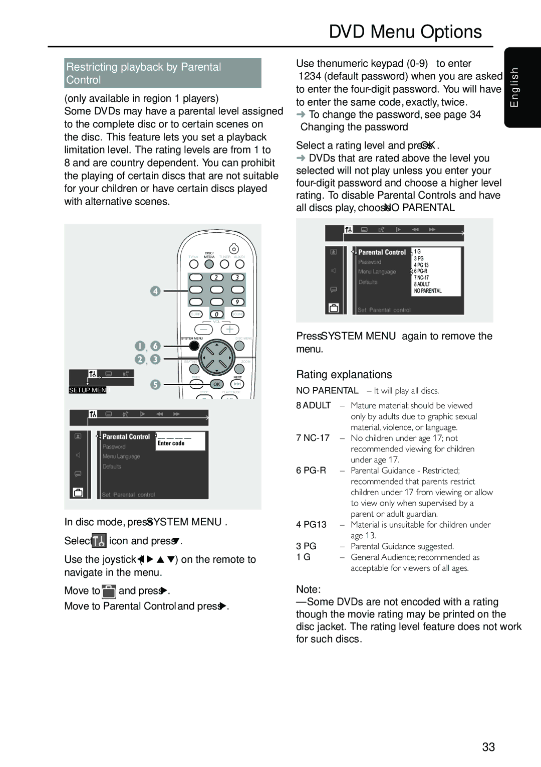 Philips MX5700D manual Restricting playback by Parental Control, Only available in region 1 players, Rating explanations 