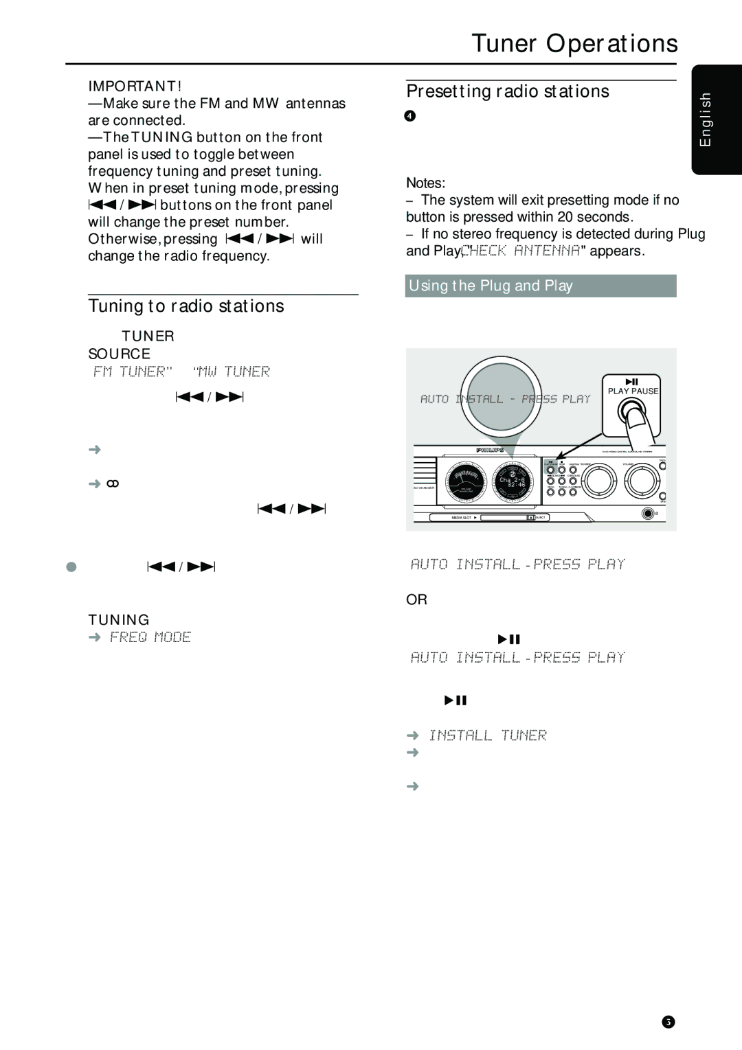 Philips MX5700D Tuner Operations, Presetting radio stations, Tuning to radio stations, G l i s h Using the Plug and Play 