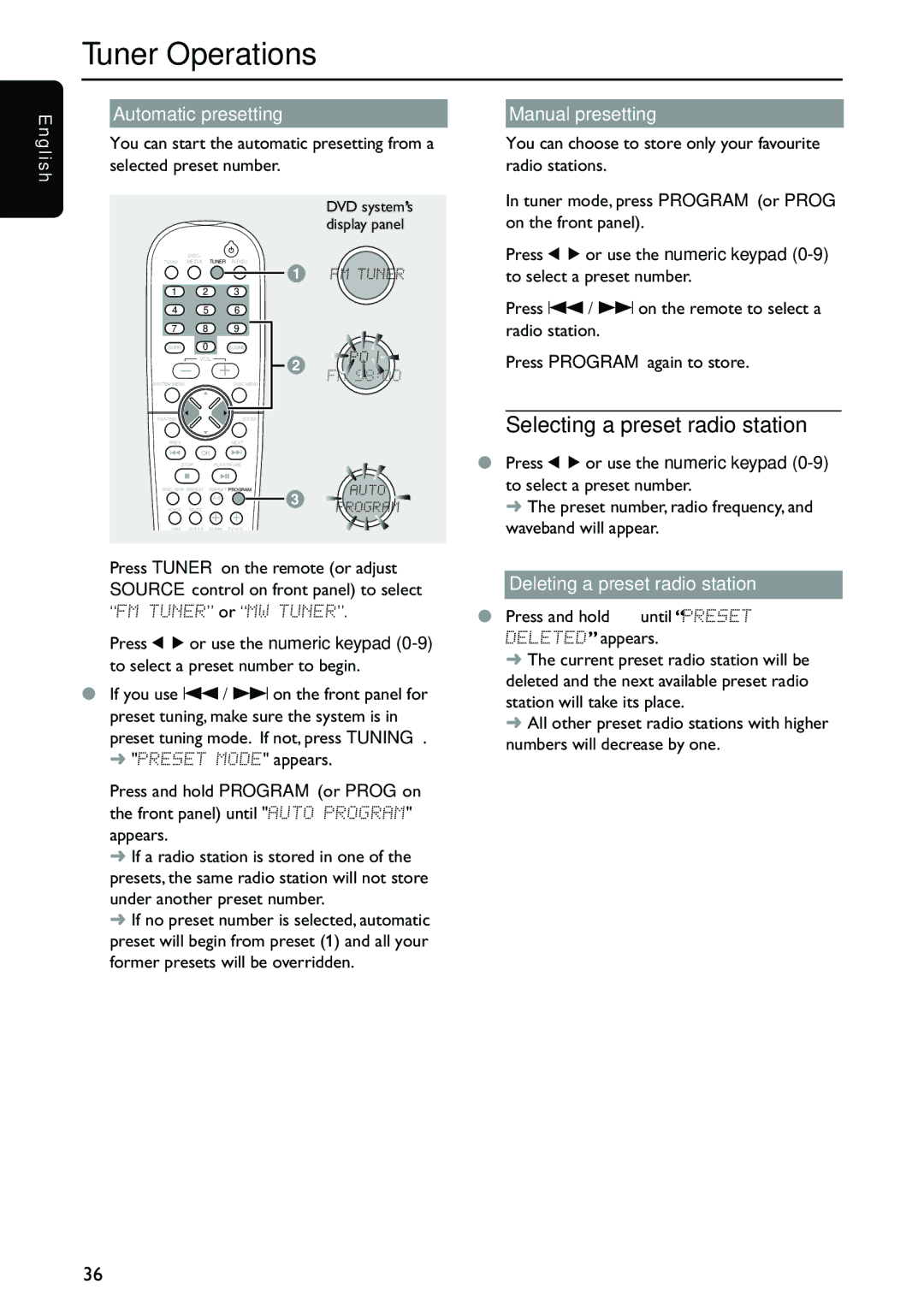 Philips MX5700D manual Selecting a preset radio station, Automatic presetting, Manual presetting, To select a preset number 