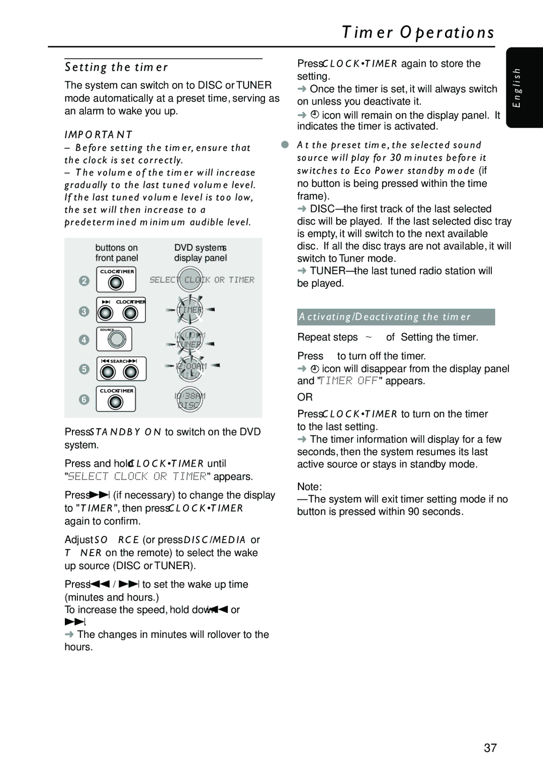 Philips MX5700D manual Timer Operations, Setting the timer, Tuner the last tuned radio station will be played 