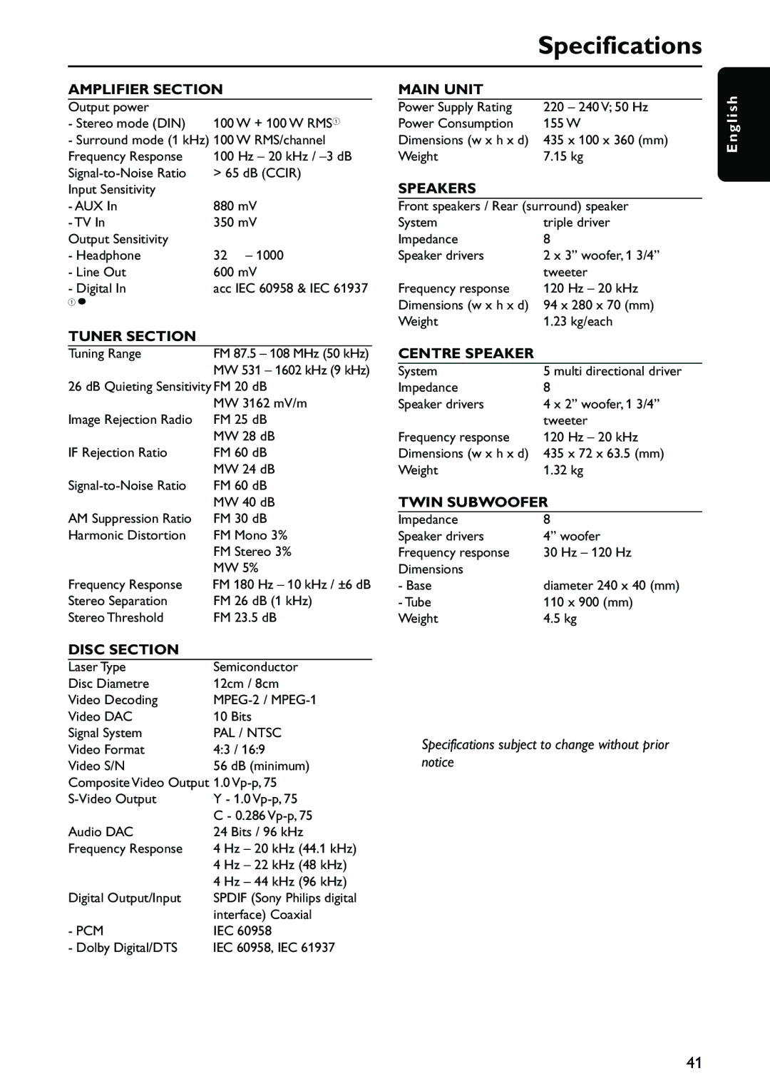 Philips MX5700D manual Specifications, Amplifier Section 