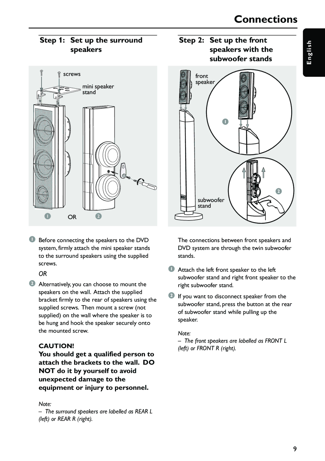 Philips MX5700D manual Connections, Set up the surround speakers, Set up the front speakers with the subwoofer stands 