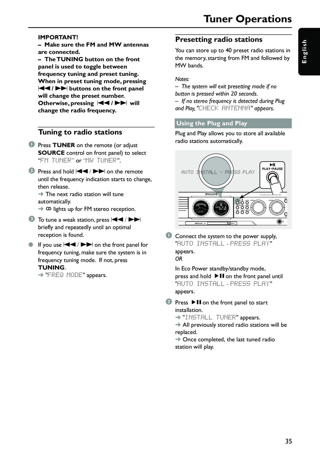 Philips MX5700D manual Tuner Operations, Presetting radio stations, Tuning to radio stations, E n g l i s h 