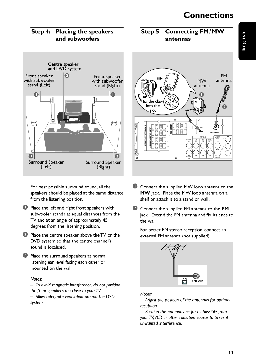 Philips MX5800SA/21 manual Placing the speakers Connecting FM/MW Subwoofers Antennas, Left 