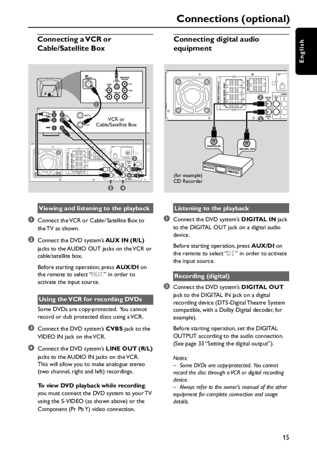 Philips MX5800SA/21 manual Listening to the playback, Using the VCR for recording DVDs, Recording digital 