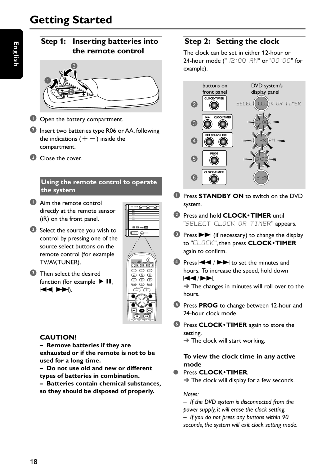 Philips MX5800SA/21 manual Getting Started, Inserting batteries into the remote control, Setting the clock 