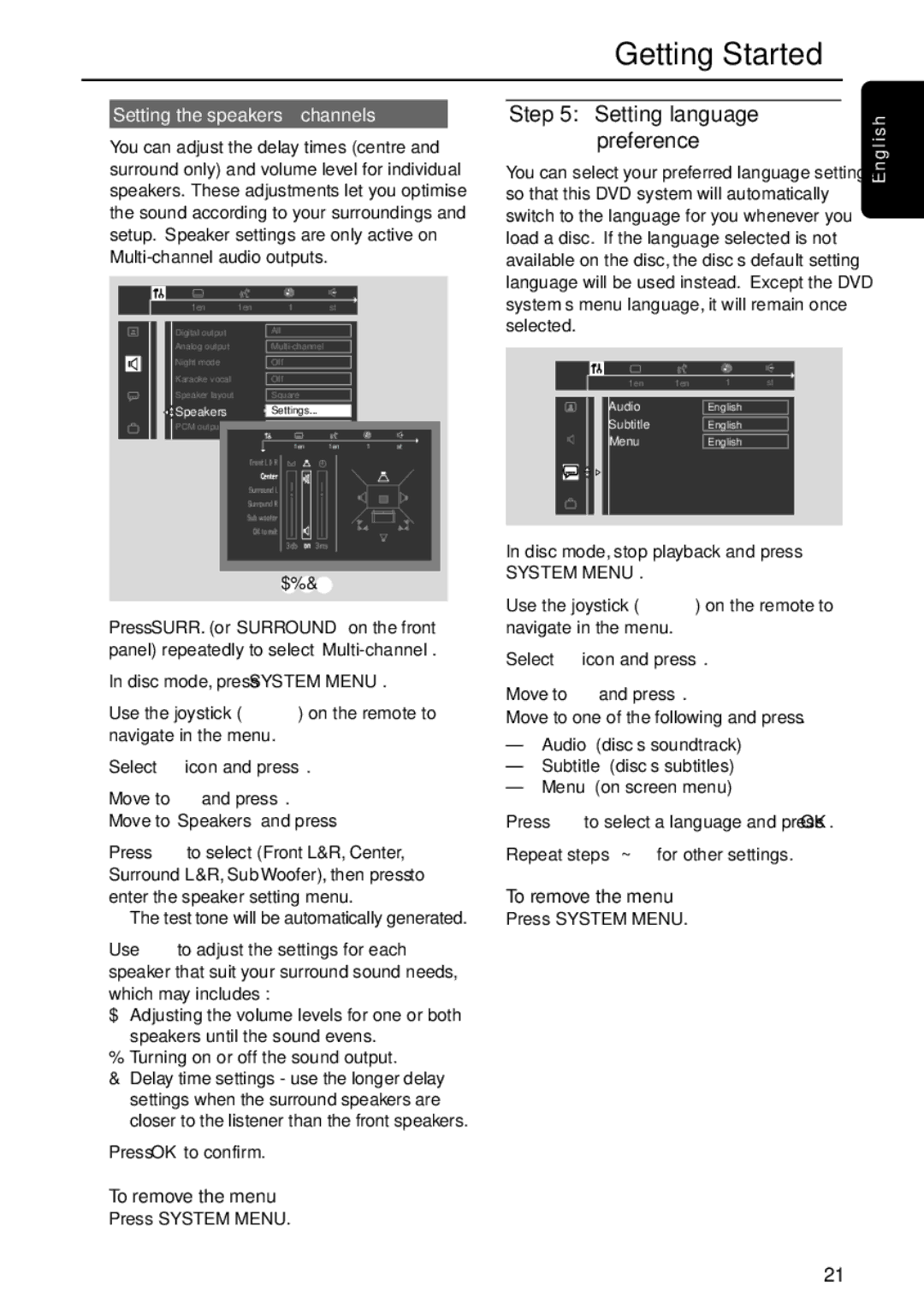 Philips MX5800SA/21 manual Setting language preference, Setting the speakers’ channels, Press OK to confirm 