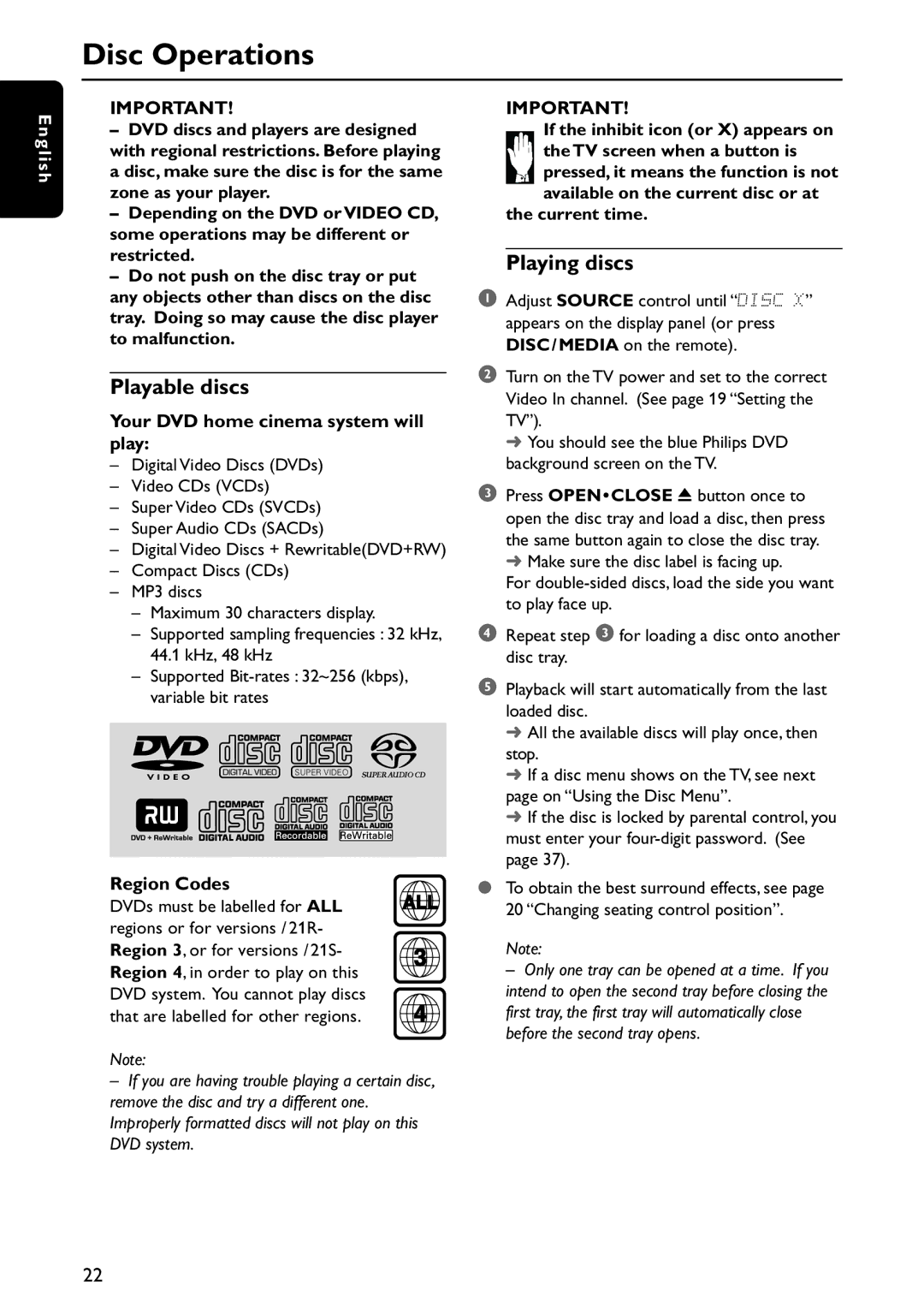 Philips MX5800SA/21 manual Disc Operations, Playable discs, Playing discs 