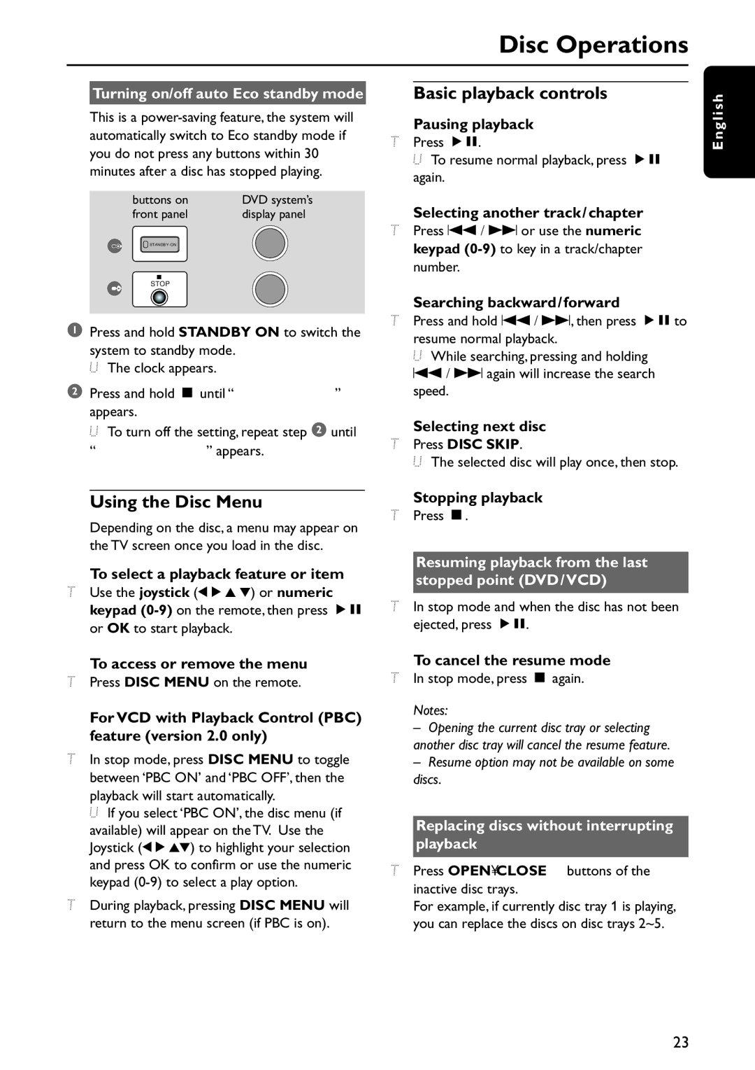 Philips MX5800SA/21 manual Basic playback controls, Using the Disc Menu, Turning on/off auto Eco standby mode 