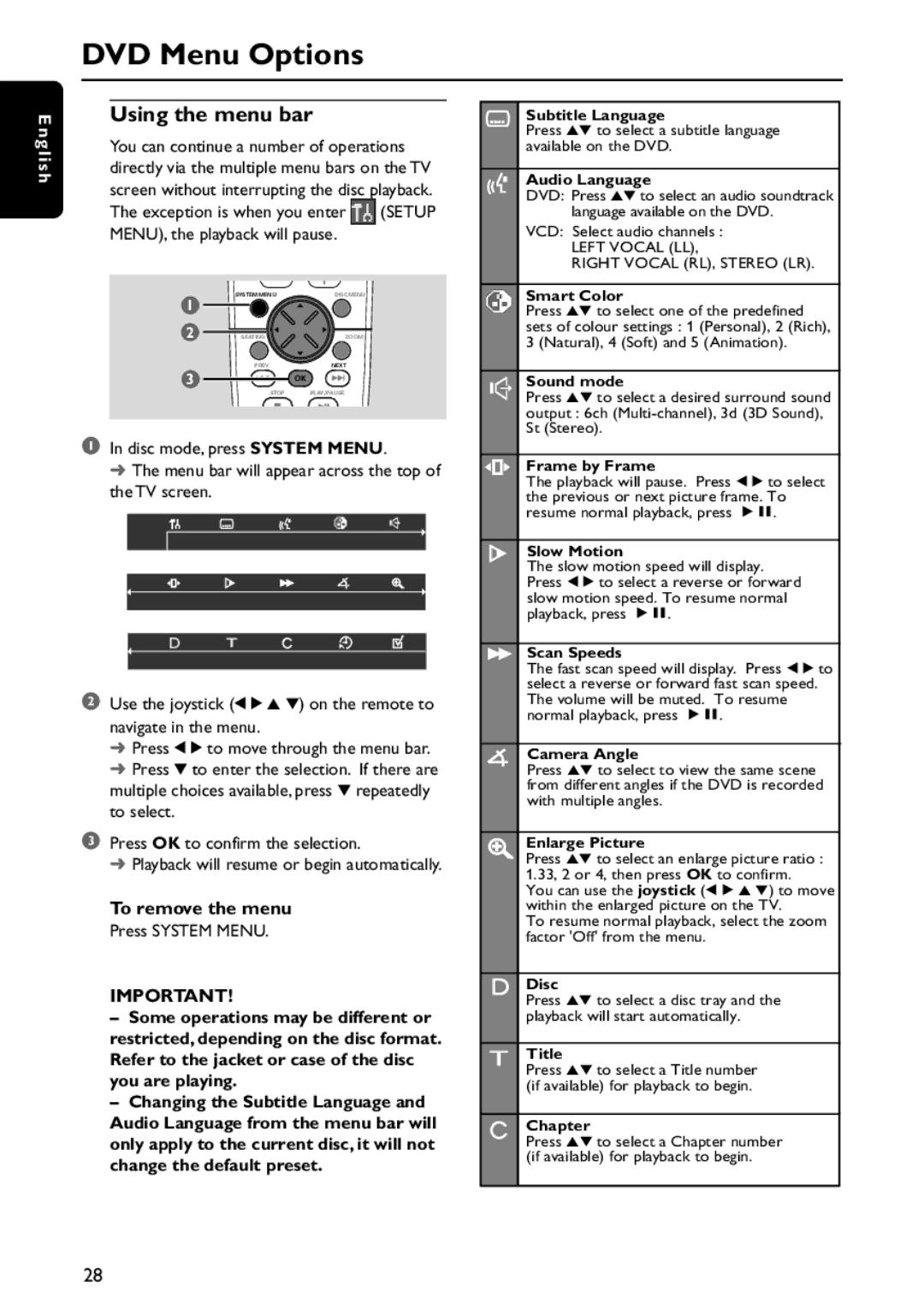 Philips MX5800SA/21 manual DVD Menu Options, Using the menu bar 