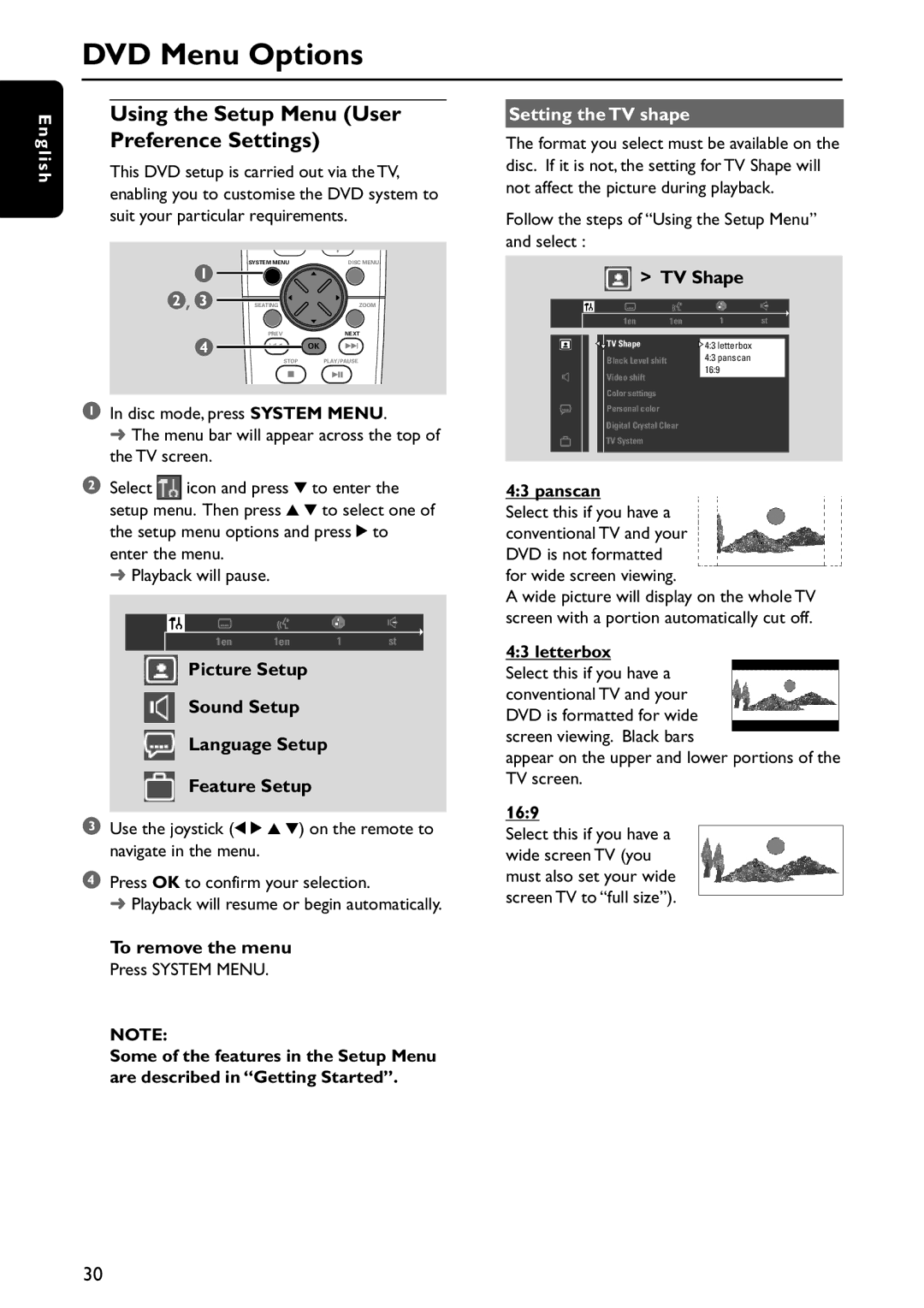 Philips MX5800SA/21 manual Using the Setup Menu User Preference Settings, Setting the TV shape 