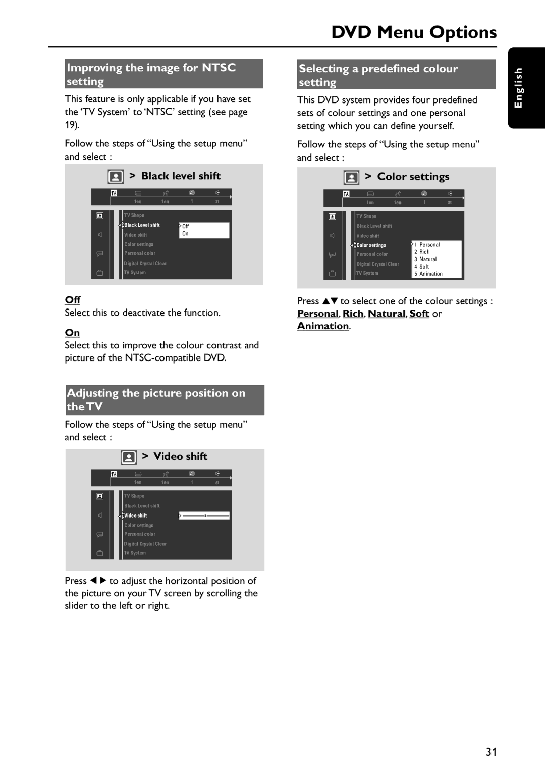 Philips MX5800SA/21 manual Improving the image for Ntsc setting, Selecting a predefined colour setting 